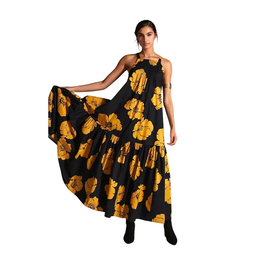 SUNDRY NWOT Black Yellow Floral Print Tiered Square Neck Sleeveless  Size 3=12US